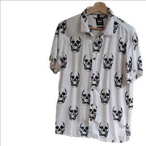 White Black Skull Print Short Sleeve Button Down Shirt Men's M